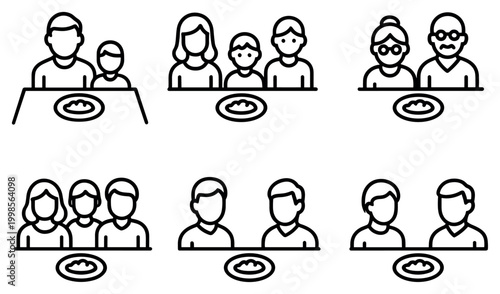 Dining icons with people plates and table minimal outline