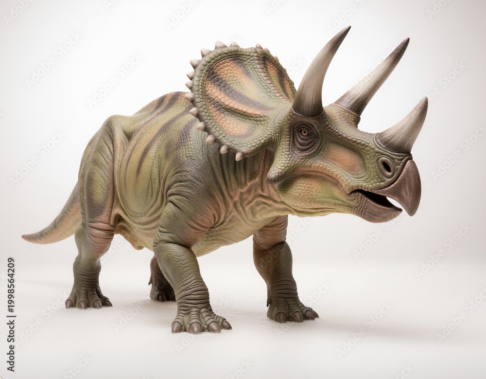 Fototapeta premium Realistic triceratops dinosaur model on a white background, museum exhibit, prehistoric reptile