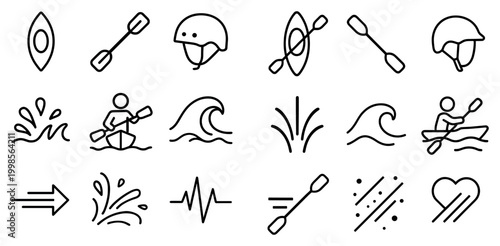 Water sports icons with kayak paddle helmet outline