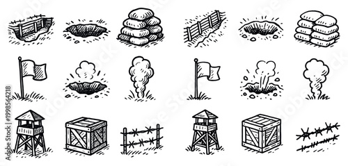 Trench icons with crate fence watchtower sketch outline