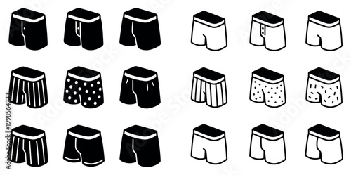 Clothing icons with shorts boxers briefs in bold outline style