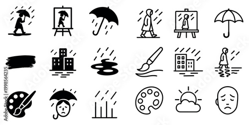 Rainy painting icons with umbrella person easel brush outline minimal