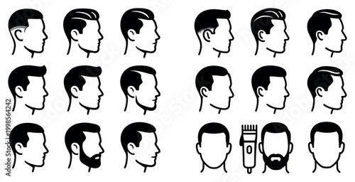 Grooming icons with male profile heads clipper minimal flat