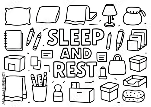 Sleep icons with pillow and blanket handdrawn sketch outline design