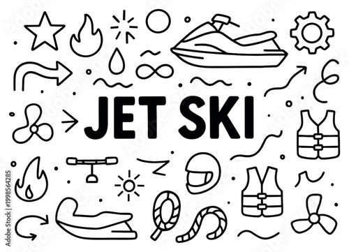 Jet ski icons with jetski helmet lifejacket outline style