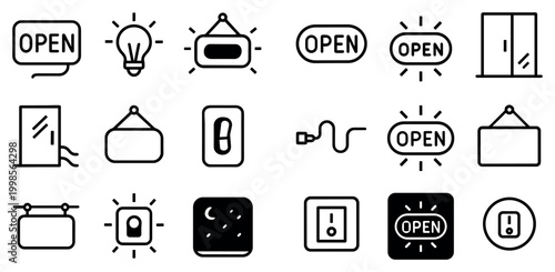 Open icons with sign light switch door simple outline