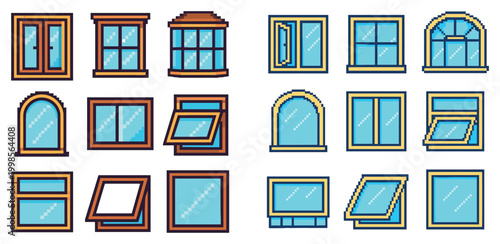 Home icons with bay window and skylight pixel style