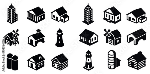 Building icons with house barn lighthouse bold solid