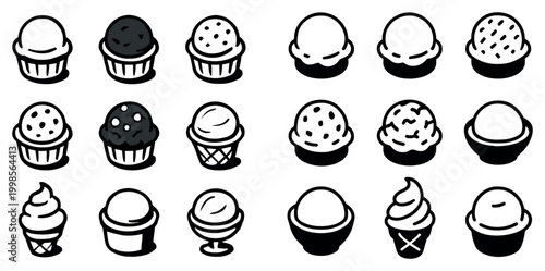 Dessert icons with scoop cone cup playful bold outline