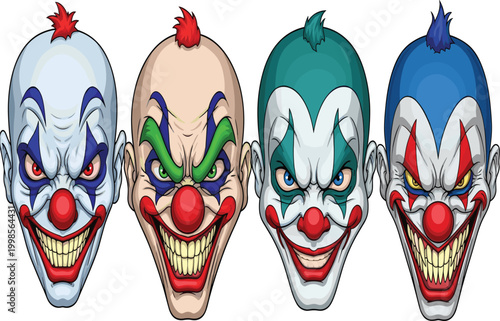 Spooky Scary Clown Face Vector Set Featuring Evil Grinning Expressions and Creepy Makeup Designs for Halloween Parties, Horror Themed Events, and Gothic Graphics