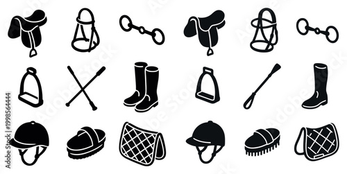 Equestrian icons with saddle bridle helmet outline style
