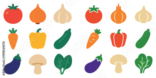 Vegetable icons with tomato carrot garlic flat colorful