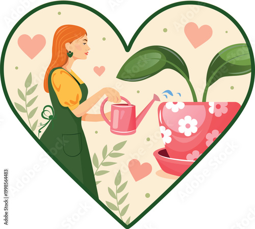 Woman watering plant in heart shape, love for gardening concept, cute spring flat vector illustration