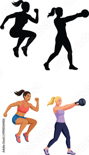 Fitness women workout silhouettes and illustrations set featuring jumping lunges and kettlebell swings for gym training and active lifestyle vector graphics