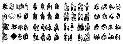 Family and childcare icons in black and white