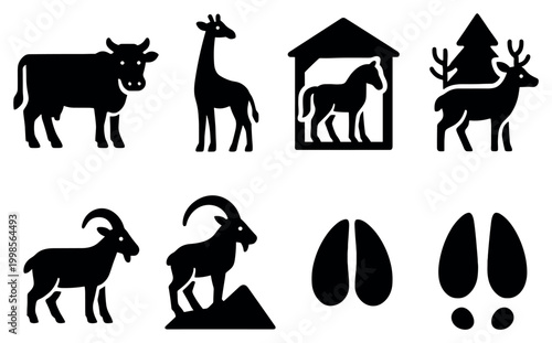 Wildlife icons with cow giraffe horse in solid silhouette style