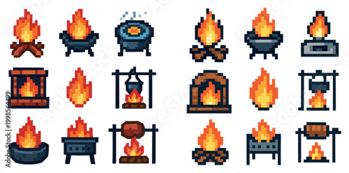 Outdoor icons with campfire brazier cauldron pixel retro
