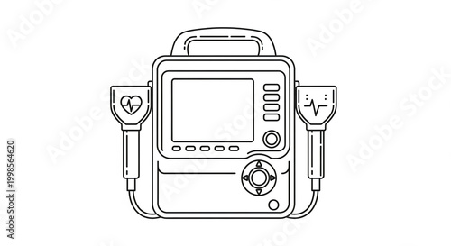 Defibrillator device with screen and electrodes for emergency medical treatment