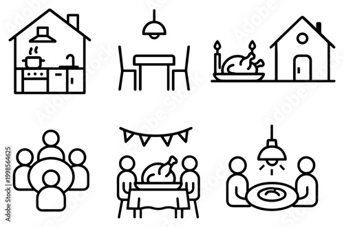 Home dinner icons with table roast family line outline style