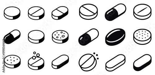 Medicine icons with pill capsule tablet minimal outline