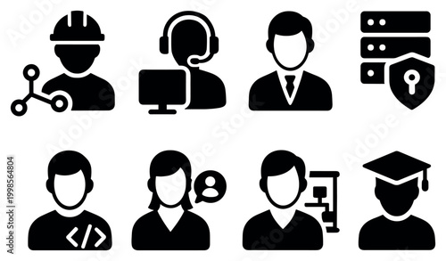Business icons with engineer headset server graduate glyph