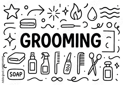 Grooming icons with soap comb and scissors outline style