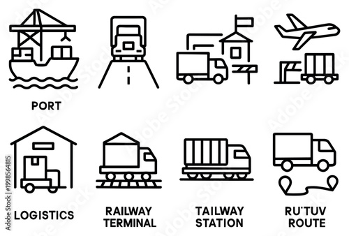 Logistics icons with ship truck train simple outline