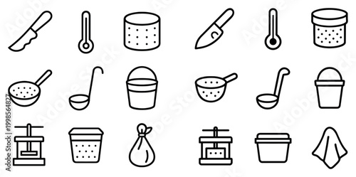 Kitchen icons with ladle knife and bucket in outline style