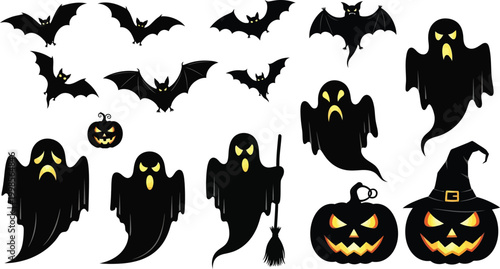 Halloween character silhouette set with ghosts, bats, and carved pumpkins.