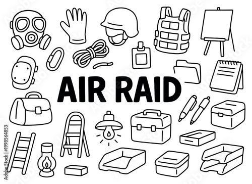 Air raid icons with gas mask helmet vest and emergency gear outline style