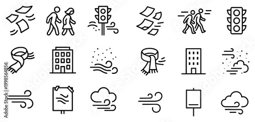Urban commute icons with person traffic light and wind outline
