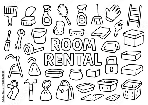 Room rental icons with bucket brush and box outline
