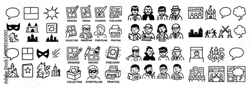 Comic book creation process illustrated in icons