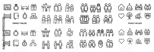 Family icons set illustrating unity and values