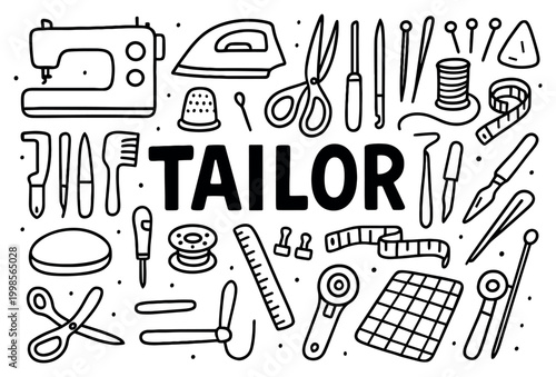 Tailor icons with sewing machine scissors thread doodle style