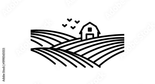 Rustic Farmhouse Barn with Cultivated Fields and Birds in Sky