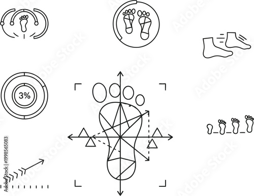 Biometric foot scanning and measurement line art icon set for podiatry orthotics and orthopedic technology design