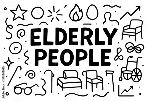 Senior care icons with cane and wheelchair doodle stroke