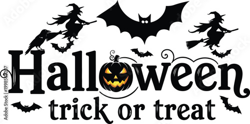 Halloween trick or treat sign with witch and bats