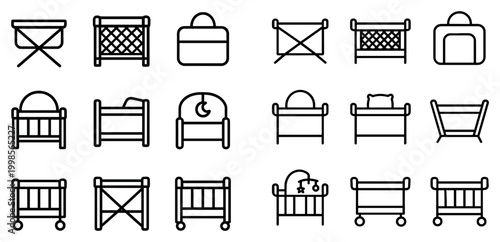 Nursery icons with crib bassinet bag outline style