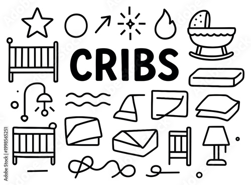 Nursery icons with crib rocking chair mattress outline style