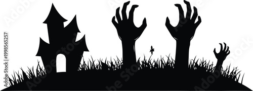 Black silhouette of zombie hands rising from grave with castle