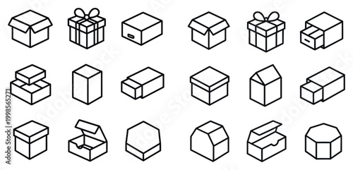Box icons with open box gift box carton outline
