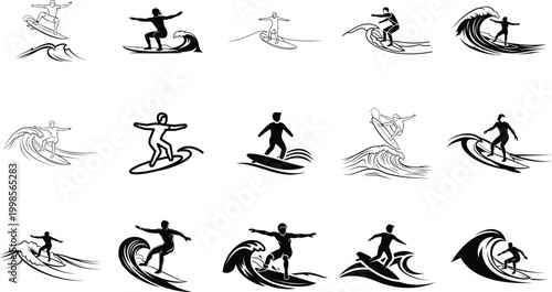 Black silhouette surfing icons dynamic wave riders in various poses