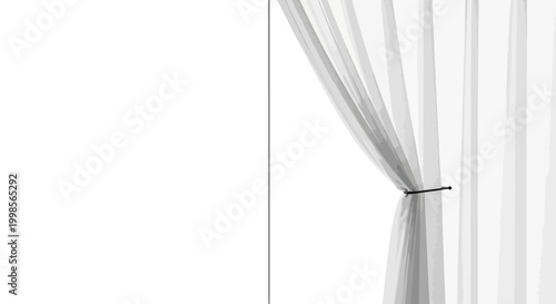 Sheer White Curtain Tied Back, Soft Fabric Drapery, Minimalist Home Decor