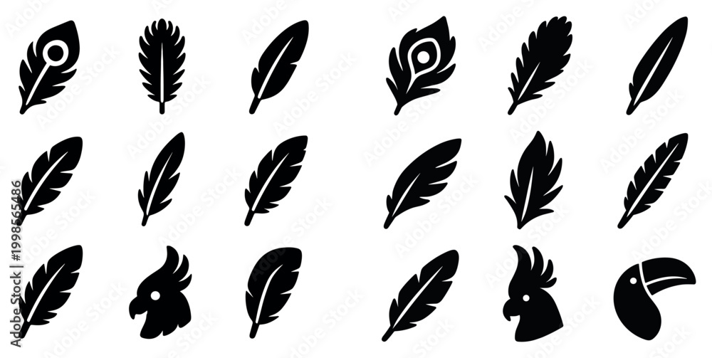 Fototapeta premium Bird feather icons with peacock feather parrot head toucan flat style
