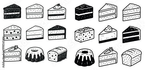 Dessert icons with cake slice loaf bundt sketchy handdrawn