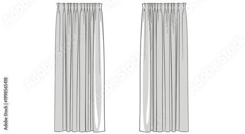 Simple Gray Curtains Drawn Closed Against White Background, Minimalist Interior Design Element