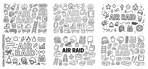 Air raid themed doodle collection with icons