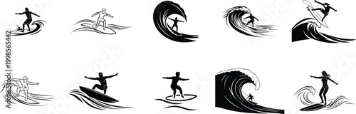 Black and white surf silhouettes dynamic ocean wave and surfer designs
